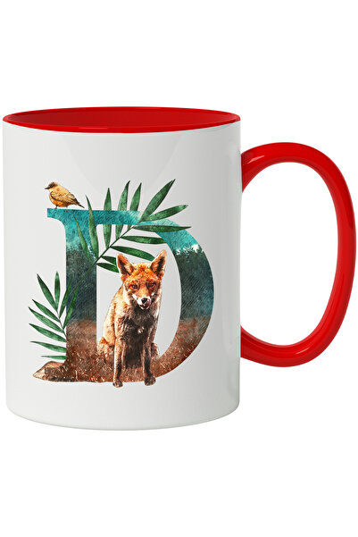StoryGift Romania Cana Cu Litera, D, Vulpe, Pasare, Frunze, Multicolor 330 ml, Ceramica cu Maner R, Cu Maner Rosu