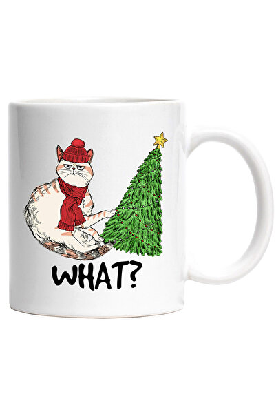 StoryGift Romania Cana cu pisica langa un brad impodobit cu mesajul "What?", ...