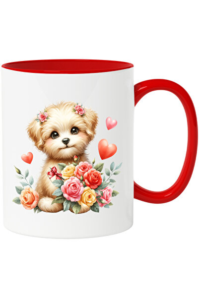 StoryGift Romania Cana cu un catelus care tine un buchet cu trandafiri | ilus...