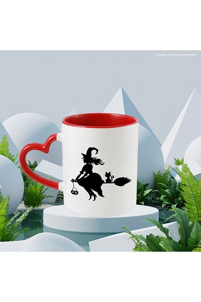 StoryGift Romania Mug with a witch and a kitten flying on a broom with Red Heart Handle, With Handle, STG