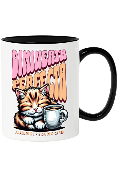 StoryGift Romania Cana Pisica somnoroasa si ceasca de cafea text DIMINEATA PE...
