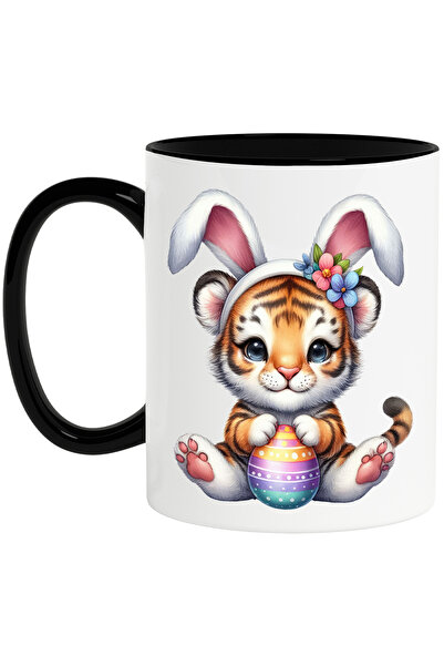 StoryGift Romania Cana cu un pui de tigru cu urechi de iepuras, ilustratie, sarbatori pascale, ou , Cu Maner Negru