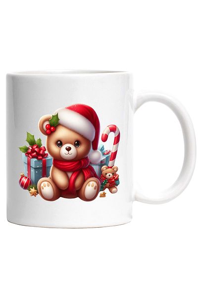 StoryGift Romania Mug with a teddy bear | illustration | joy | Christmas hat | scarf |, With White Handle