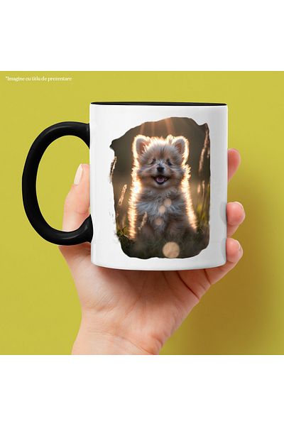 StoryGift Romania Cana cu Portret Caine Dragut, Rasa Pomeranian, Fericit, Zambind, Pufos, Catei, I, Cu Maner Negru