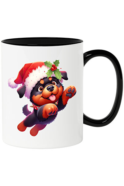 StoryGift Romania Cana cu un catel Rottweiler care poarta o caciula de Craciu...