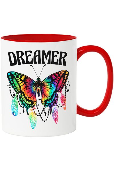 StoryGift Romania Cana cu fluture divers colorat cu mesajul "Dreamer", plasa de vise, insecta, mul, Cu Maner Rosu