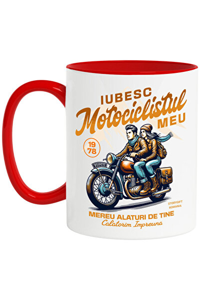 StoryGift Romania Cana cu Cuplu Romantic Calatorie Motor Printre Munti Valentine's Day Text Iubesc, Cu Maner Rosu