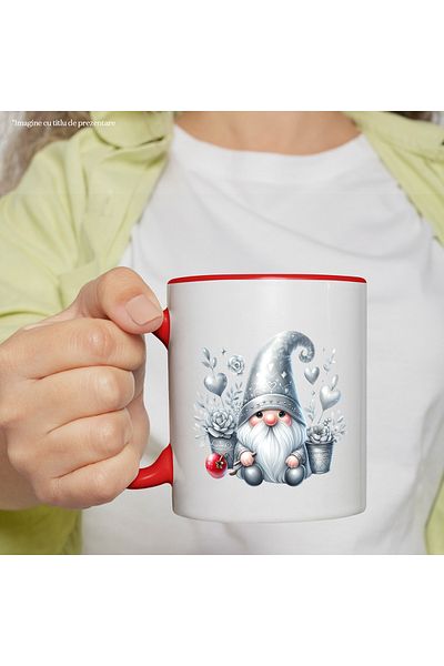 StoryGift Romania Cana cu un pitic | ilustratie | barba lunga alba | flori | inimi | din povesti |, Cu Maner Rosu