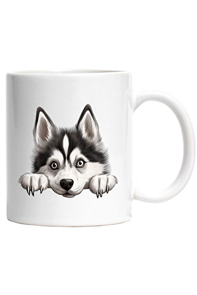 StoryGift Romania Cana cu un catel Malamut de Alaska | ilustratie | gheare | labute | alb si negru, Cu Maner Alb