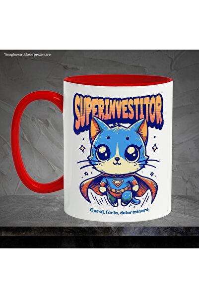 StoryGift Romania Super Investor Mug, Superhero, Flying Cat, 330ml, Ceramic with Red Handle, With Ma,STG.