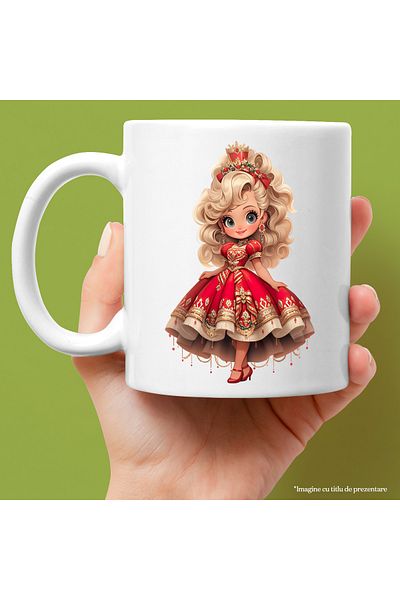 StoryGift Romania Cana Cu O Fetita Dragalasa | Ilustratie | Ornamente Rosii Pe Parul Blond | Rochi, Cu Maner Alb Stg