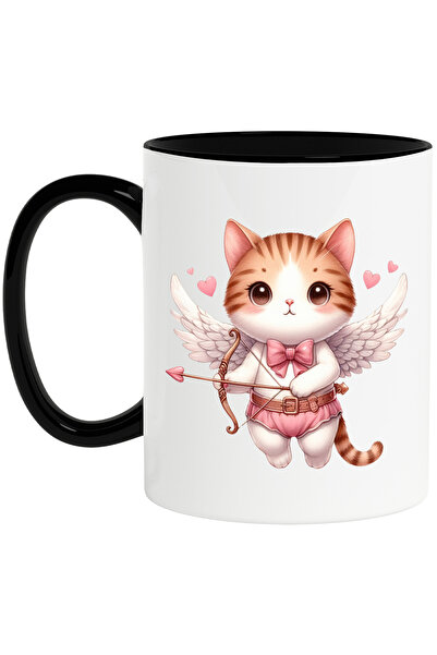 StoryGift Romania Cana cu o pisicuta Cupidon | rusinata | trage cu arcul | inimioare | ilustratie , Cu Maner Negru