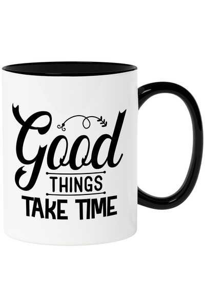 StoryGift Romania Cana cu textul in engleza "Good things take time" - lucrurile bune necesita timp, Cu Maner Negru