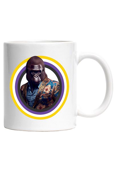 StoryGift Romania Cana Cu Gorila, Cerc, Sacou Cu Flori, Camasa, Multicolor 330 ml, Ceramica cu Man, Cu Maner Alb