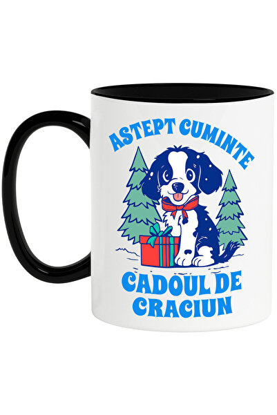 StoryGift Romania Cana cu Caine Vesel Langa Bradul De Craciun Cadou Rosu Text...