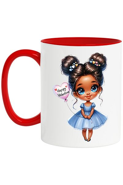 StoryGift Romania Cana cu o fetita de culoare | draguta | ilustratie | rochie albastra | Valentine, Cu Maner Rosu