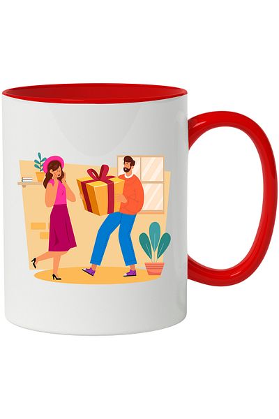 StoryGift Romania Cana Cu Aniversare, Cuplu, Cadou, Plante, Palarie, Multicolor 330 ml, Ceramica c, Cu Maner Rosu
