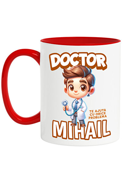 StoryGift Romania Cana cu Barbat Cu Halat Super Erou Doctor Text Mihail Te Ajut Cu Orice Sanatate , Cu Maner Rosu