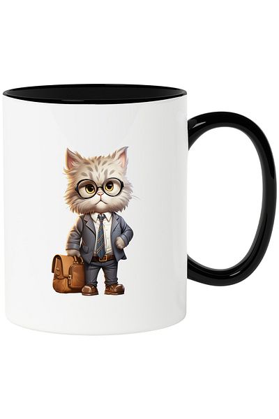 StoryGift Romania Cana cu un motan la costum | ilustratie | servieta | ochelari | pentru iubitorii, Cu Maner Negru