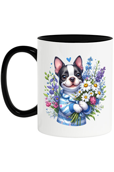 StoryGift Romania Cana cu un catel vesel care tine un buchet cu flori in brat...