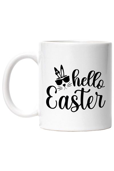 StoryGift Romania Cana cu iepure cu ochelari si textul "Hello, Easter" - Paste cu Maner Alb, Cu Maner Alb