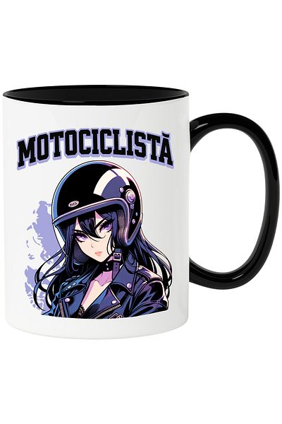 StoryGift Romania Cana Fata stil anime cu casca iubitoare de viteza text Motociclista, 330ml, Cera, Cu Maner Negru
