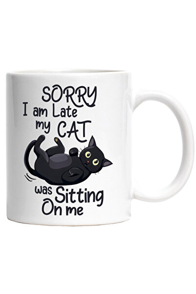StoryGift Romania Cana cu pisica neagra cu mesajul "Sorry I am late, my cat w...