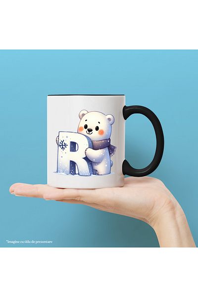 StoryGift Romania Mug with a polar bear holding the letter "R" | illustration | scarf | cold | Pole No, With Black Handle