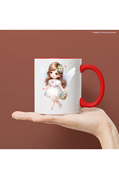 StoryGift Romania Cana cu o fetita cu aripi de ingeras, ilustratie, floricele, cosulet, rochita in, Cu Maner Rosu
