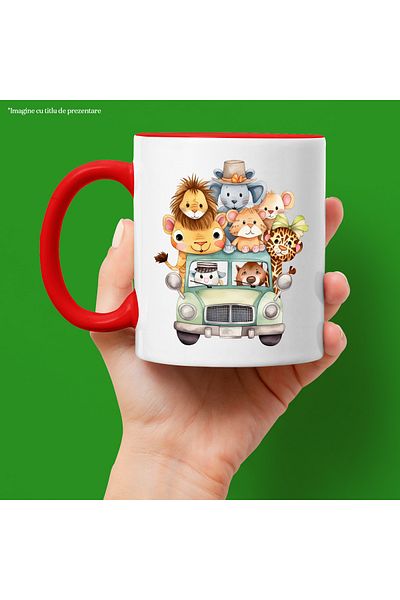 StoryGift Romania Mug with several zoo animals in a car | ride | eva, Cu,STG