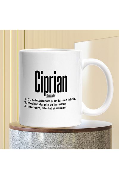 StoryGift Romania Cana Cu Numele Ciprian, Determinare, Modest, Inteligent, Amuzant, Personalizat, , Cu Maner Alb Stg