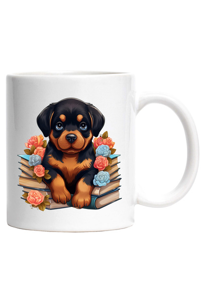 StoryGift Romania Cana cu un catelus Rottweiler care sta pe niste carti | tea...