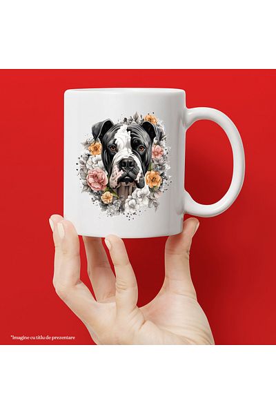 StoryGift Romania Cana cu un caine Boxer, ilustratie, floricele, galbene, roz, albe, serios, putin, Cu Maner Alb