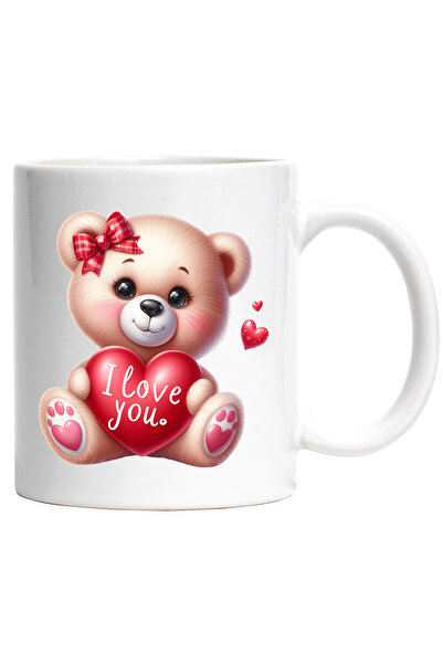 StoryGift Romania Cana cu o ursoaica vesela care tine o inimioara in brate | ilustratie | mesajul , Cu Maner Alb