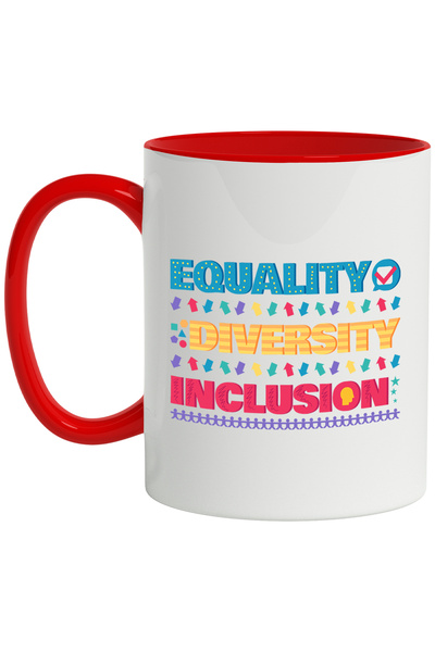 StoryGift Romania Cana Cu Mesaj In Engleza Equality Diversity Inclusion, Sageti, Bifa, Diversitate, Cu Maner Rosu