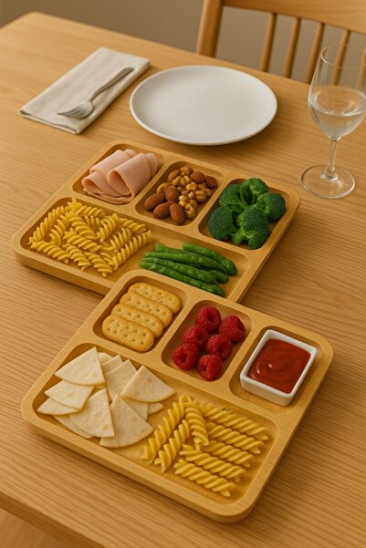 wellhome Set of 2 Bamboo Wooden Presentation Plates | Compartmentalized Serving Tray / Add Natural Elegance to Your Tables