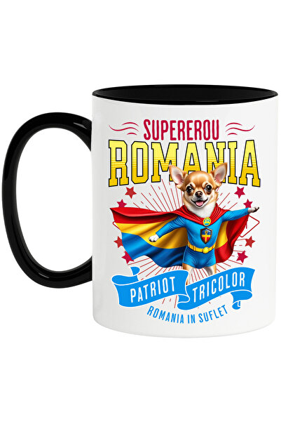 StoryGift Romania Mug with Chihuahua Dog in Captain Romania Costume with Cape, Night Hero, , With Black Handle