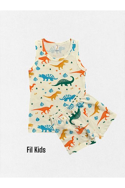 elmas kids Boy's 100% Cotton Colorful Dinosaurs Patterned Ecru Undershirt Boxer Set with Stitched Mesh Part