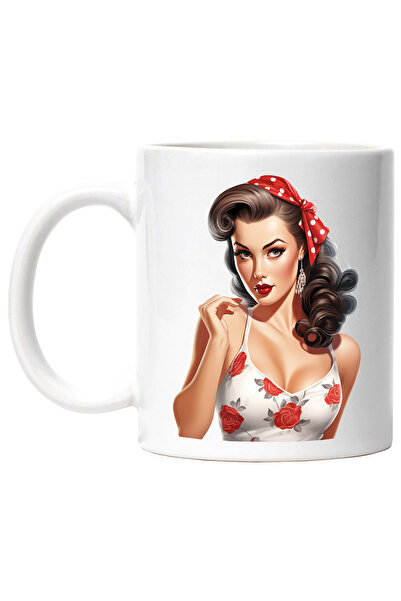 StoryGift Romania Cana cu o femeie cu par saten, ilustratie, stil retro, vech...