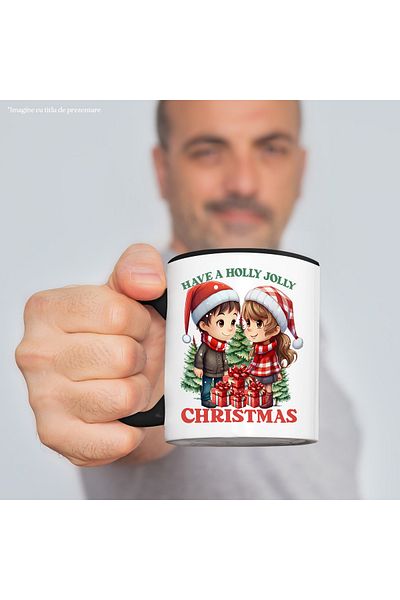 StoryGift Romania Mug with little girl and little boy with the message "Have a Holy Jolly Christmas", Merry Christmas, With,STG