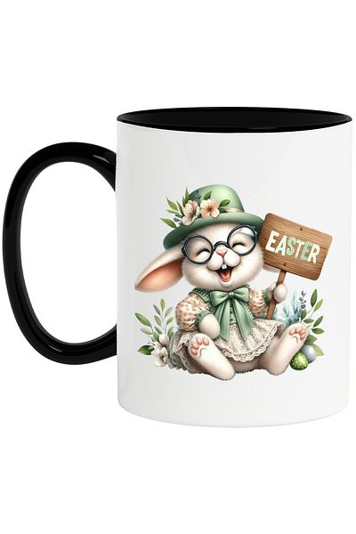 StoryGift Romania Cana cu o iepuroaica in rochita, ilustratie, Paste, plante, floricele, palarie, , Cu Maner Negru