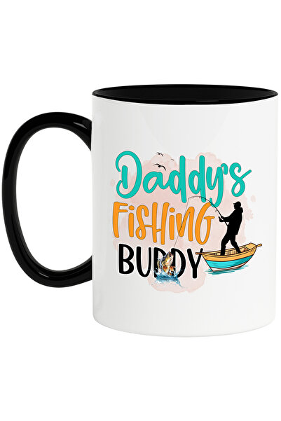StoryGift Romania Cana cu mesajul "Daddy's fishing buddy", ilustratie, pescuit, amic, tata, prinde, Cu Maner Negru
