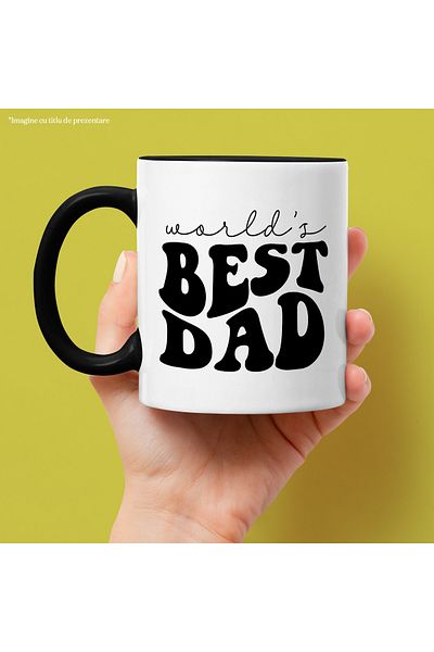 StoryGift Romania Cana cu Text in Engleza World's Best Dad, Cel mai Bun Tata din Lume, Scris Incli, Cu Maner Negru