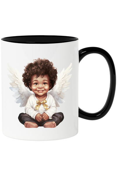 StoryGift Romania Cana cu un copilas de culoare | ilustratie | aripi de ingeras | inocent | grija , Cu Maner Negru