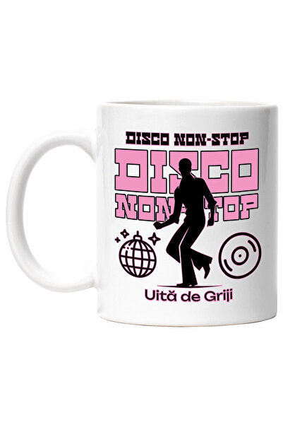 StoryGift Romania Cana Disco Non-Stop barbat dansand uita de griji, 330ml, Ceramic cu Maner Alb, Cu Maner Alb