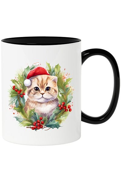 StoryGift Romania Mug with a cat wearing a Christmas hat | illustration | holiday next door, With Black Handle
