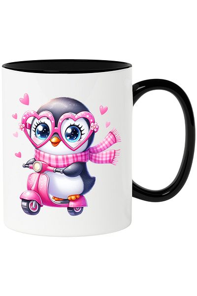 StoryGift Romania Cana cu un pinguin care conduce un scuter | plimbare | ilustratie | viteza | ful, Cu Maner Negru