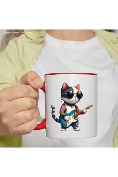 StoryGift Romania Mug with a tattooed cat playing guitar | illustration | rock | metal | och, Cu ,STG