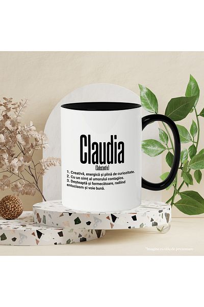 StoryGift Romania Cana Cu Numele Claudia, si Mesaj Motivational, Creativa, Desteapta, Curioasa, Am, Cu Maner Negru
