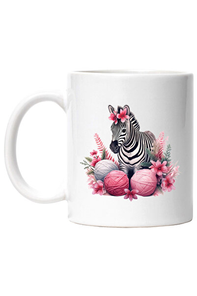 StoryGift Romania Cana cu o zebra | ilustratie | floricele | gheme de ata | plante | natura | anim, Cu Maner Alb